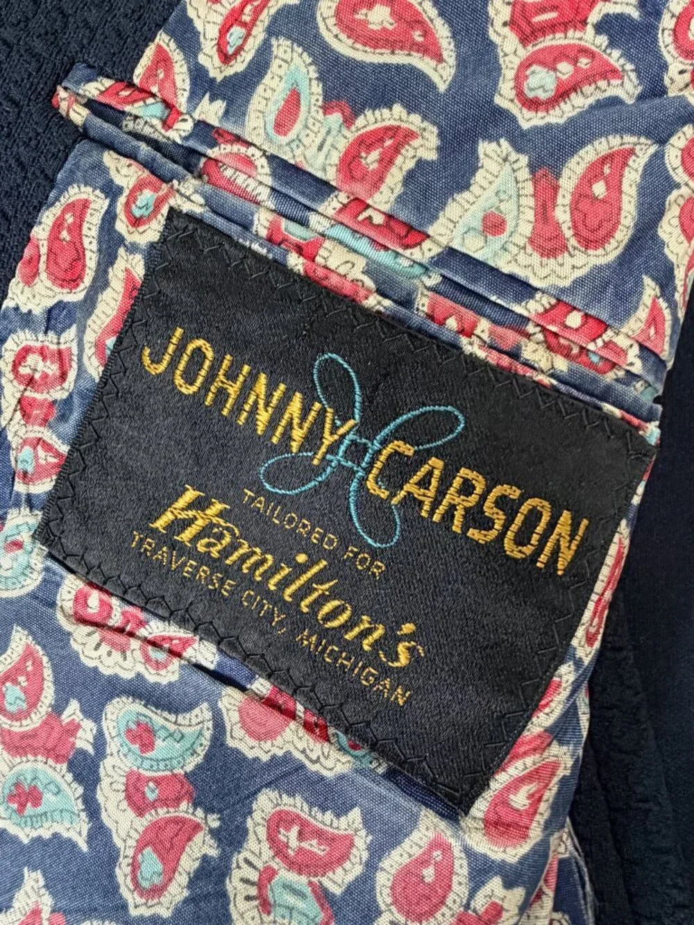 Vintage 70s Johnny Carson Blazer Navy Gold Button Paisley Lining - Sz. 38R -VGUC